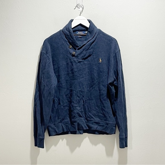 POLO RALPH LAUREN Men’s Navy Blue Estate Rib Cotton Button Up Pullover Size L - Picture 1 of 6
